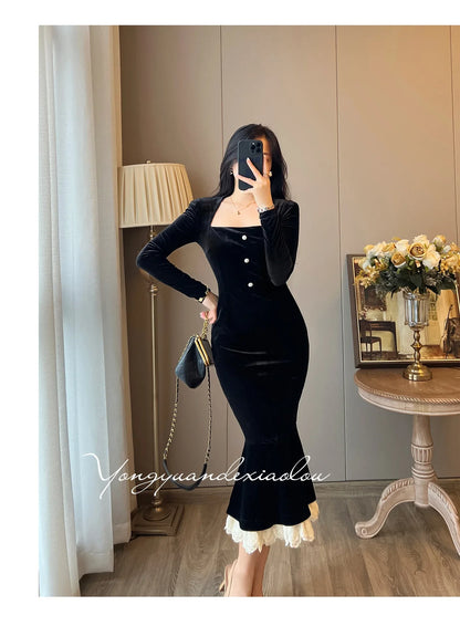 Elegant French Haban Style Fish Tail Skirt Spring Autumn Soft High Class Square Collar Long Sleeve Black Velvet Long Dress