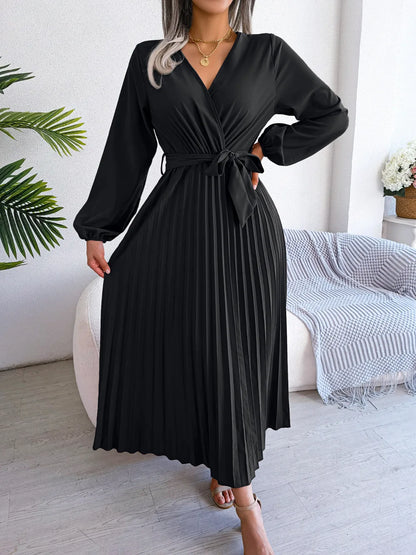 Women Elegant V Neck Long Sleeve Pleated Maxi Dress