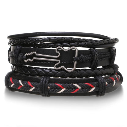 4Pcs/ Set Braided Wrap Leather Bracelets for Men Vintage Life Tree Rudder Charm Wood Beads Ethnic Tribal Wristband Rope Bracelet