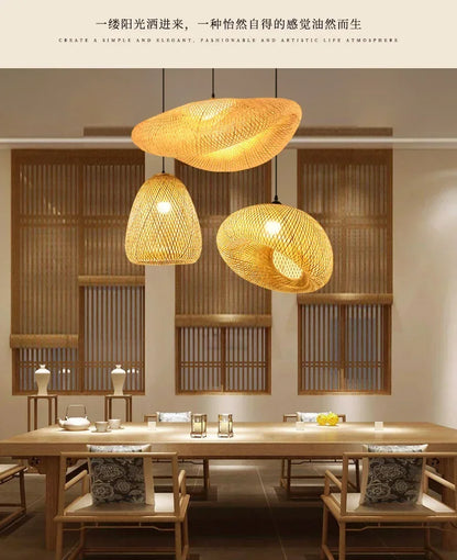 Bamboo Hand Weaving Pendant Lights 38cm Hanging LED Ceiling Lamp Chandelier Fixture Rattan Hand Craft Woven Home Bedroom Decor