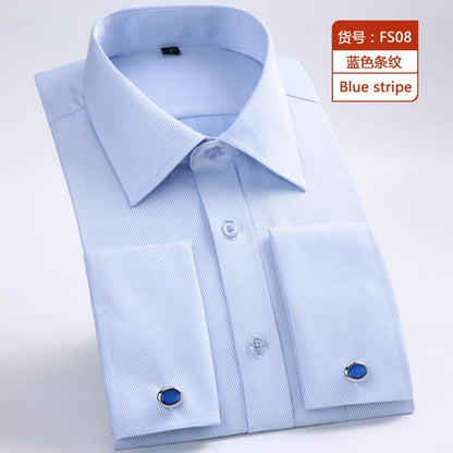 M~6XL Men's French Cuff Dress Shirt 2024New White Long Sleeve Formal Business Buttons Male Shirts Regular Fit Cufflinks Shirt