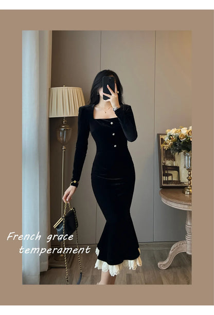 Elegant French Haban Style Fish Tail Skirt Spring Autumn Soft High Class Square Collar Long Sleeve Black Velvet Long Dress