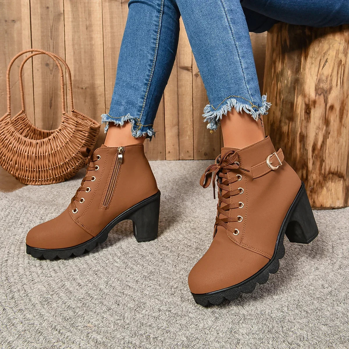 2024 Women Shoes Women Fashion High Heel Lace Up Ankle Boots Ladies Buckle Platform Artificial Leather Shoes Bota Feminina