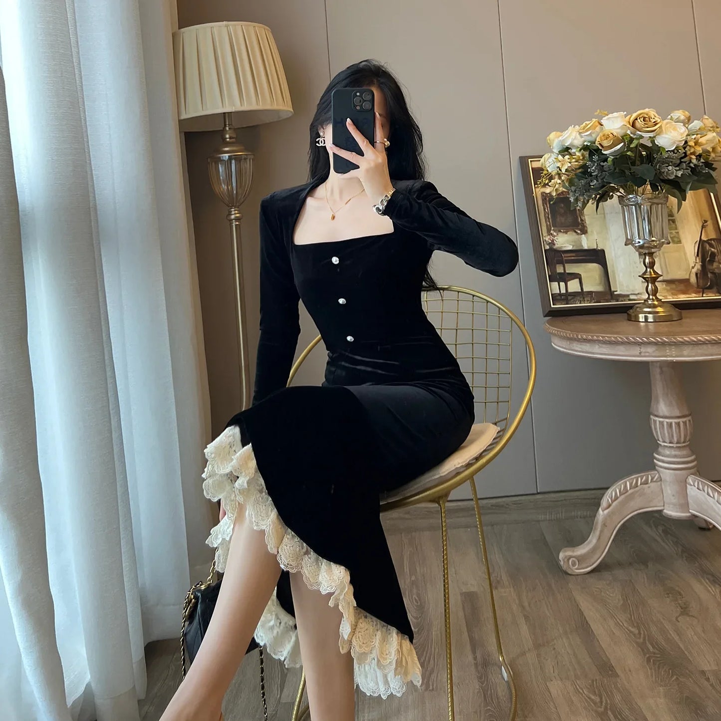 Elegant French Haban Style Fish Tail Skirt Spring Autumn Soft High Class Square Collar Long Sleeve Black Velvet Long Dress