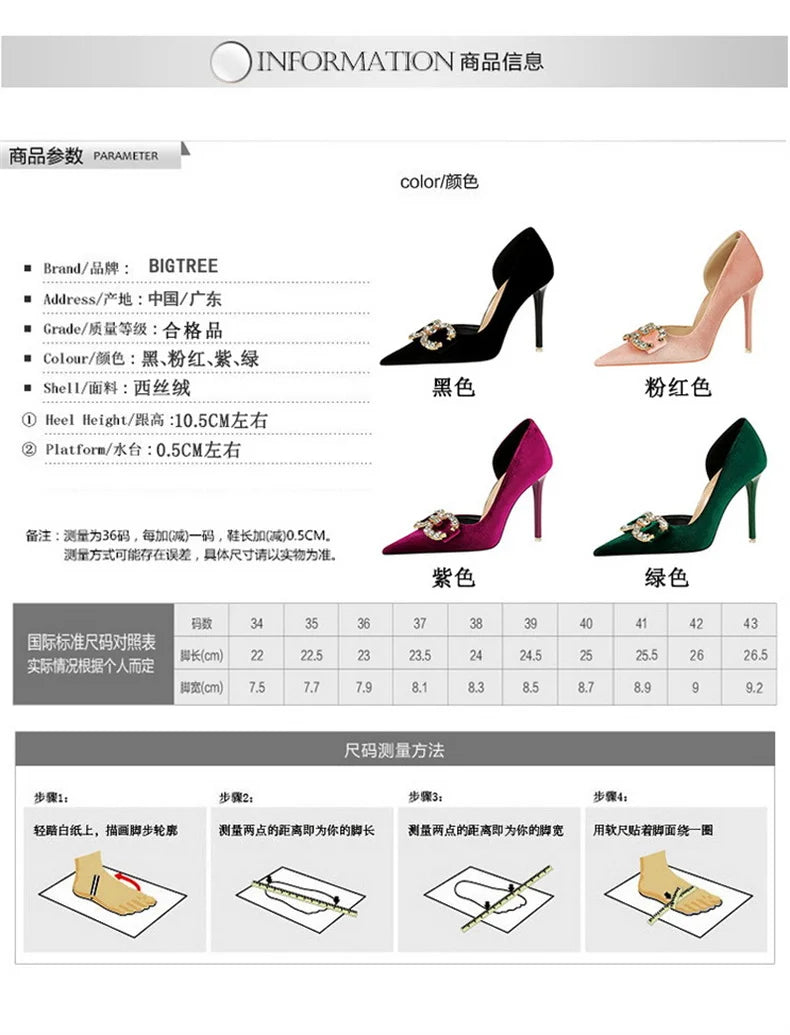 Fashion Women High Heel Rhinestone Buckle Bow Green Pink Pointed Toe Party Pumps Velvet Luxury Elegant Wedding Evening Shoes