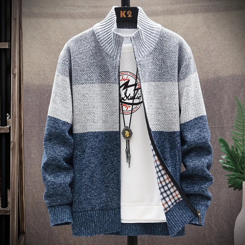 Autumn Winter Cardigan Sweater Men Fleece Zipper Sweaters Velvet Contrast Striped Sweater Coats Casual Jackets