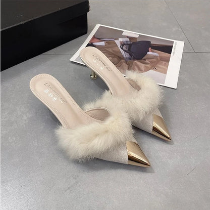 2023 Summer Women Pump Feather Heels Fashion Simple Wind Mule Slippers Women's Slide Stiletto Heels Shoes for Women  Heels