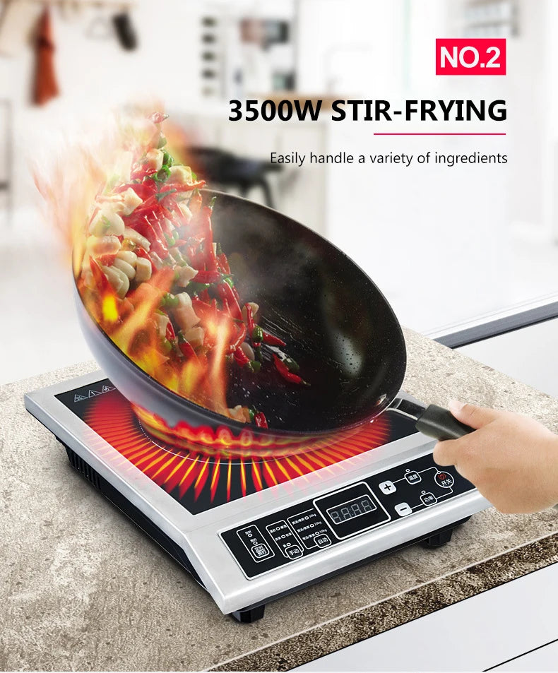 3500W Stainless Steel Induction Cooker Firepower Adjustable Stir-Fry Stew Furnace Commercial Canteen Cooktop 50KG Load-bearing