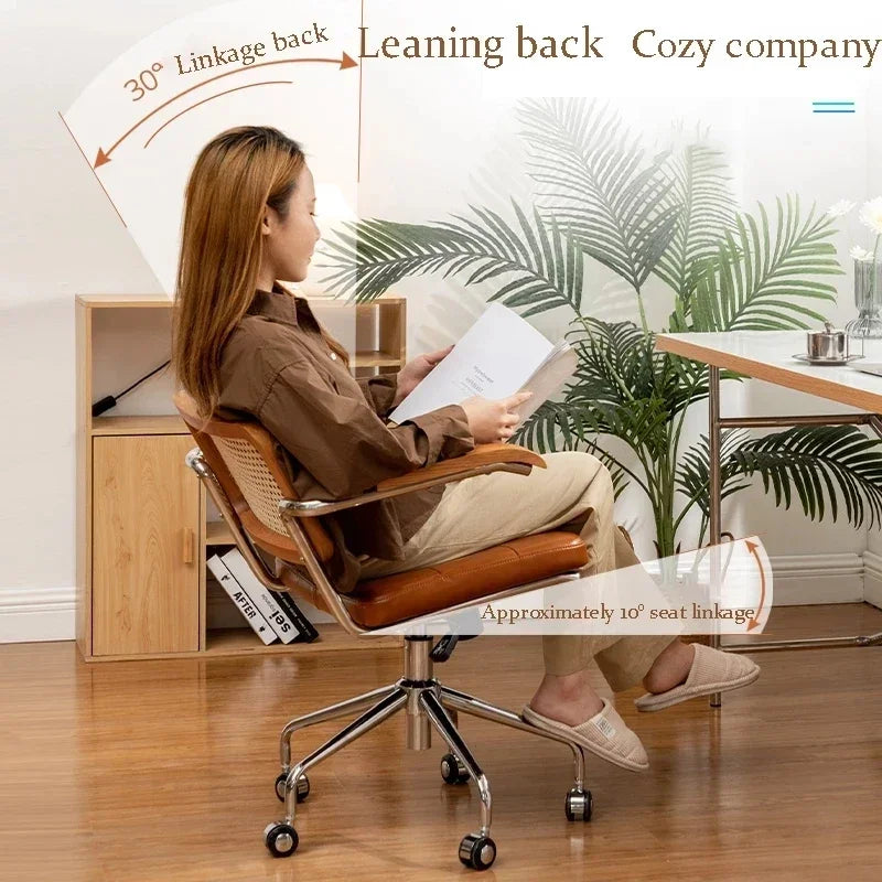 New Japanese Rattan Computer Chair Retro Rotating Chair Comfortable Study Desk Breathable Armrest Rattan Chair Office Furniture