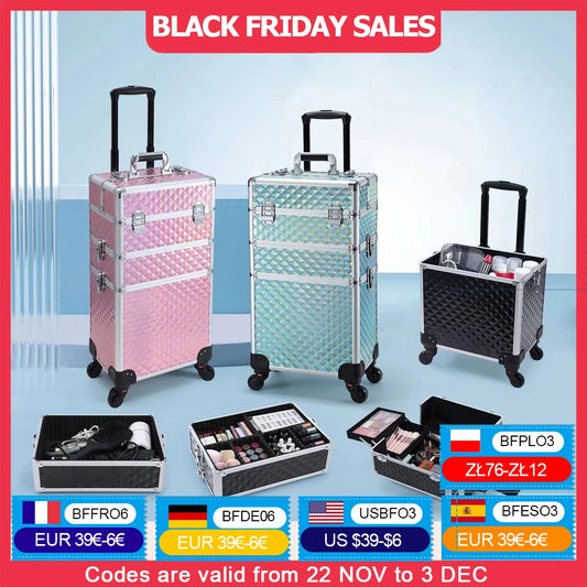 Rolling Makeup Case 3 In 1 Removable Make Up Case Cosmetology Case On Wheels Large Capacity Lockable Makeup Trolley For Salon