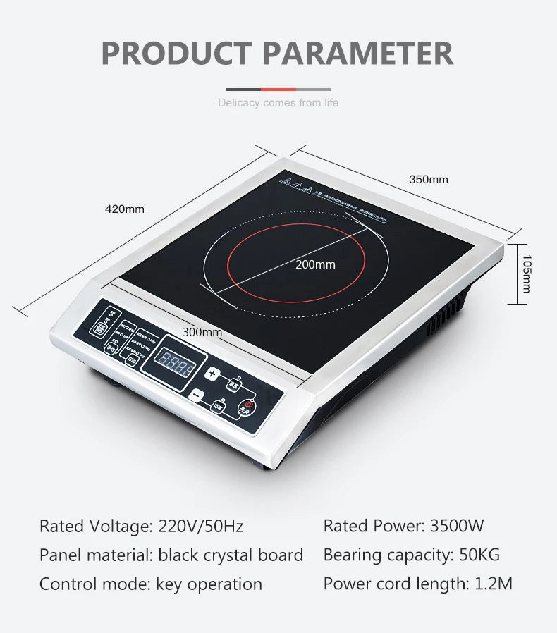 3500W Stainless Steel Induction Cooker Firepower Adjustable Stir-Fry Stew Furnace Commercial Canteen Cooktop 50KG Load-bearing