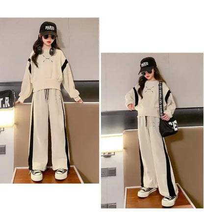 Girls Casual Sports Suit Clothes Spring and Autumn Junior  Children Korean Fashion Splicing Tops Long Pants 2 Piece Sets 3-15Y