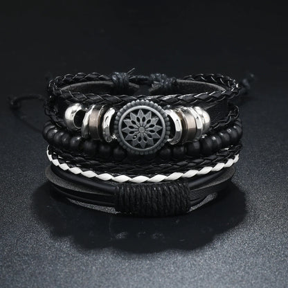 4Pcs/ Set Braided Wrap Leather Bracelets for Men Vintage Life Tree Rudder Charm Wood Beads Ethnic Tribal Wristband Rope Bracelet