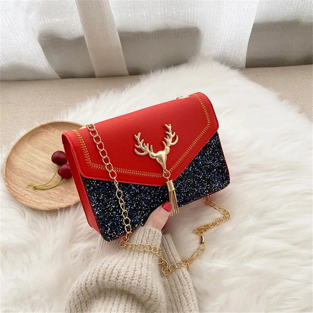 Fashion Women Shoulder Bag Deer Head Decoration Messenger Bags Pu Leather Button Underarm Luxury Chain Lady Small Square Handbag