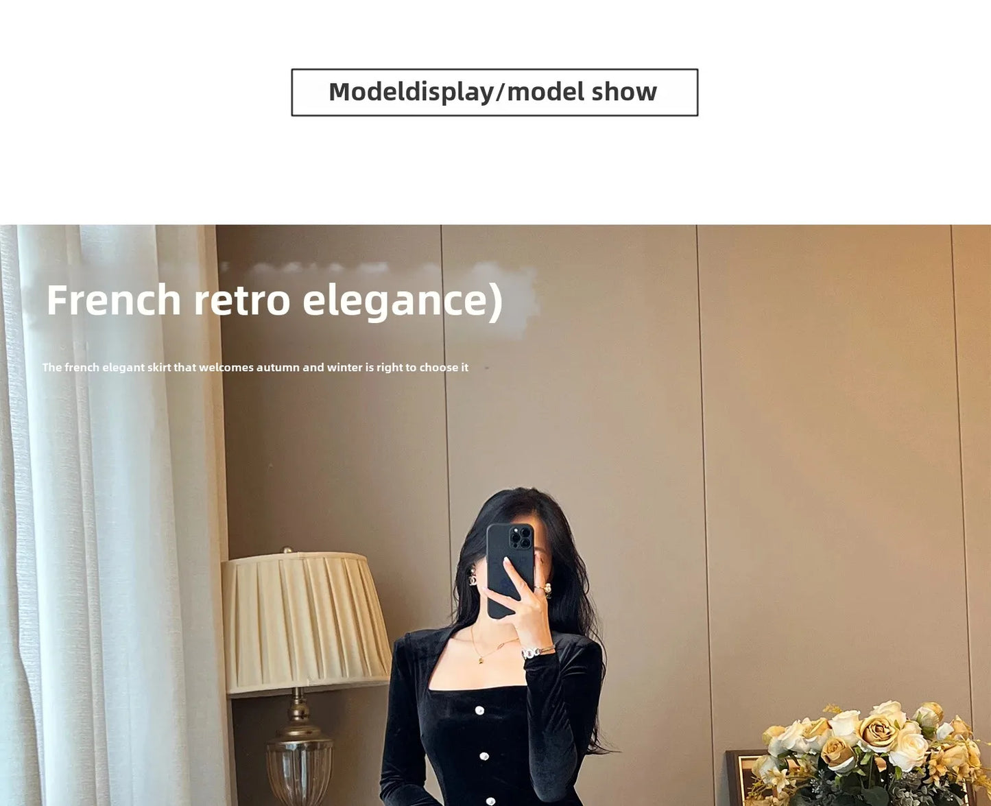 Elegant French Haban Style Fish Tail Skirt Spring Autumn Soft High Class Square Collar Long Sleeve Black Velvet Long Dress