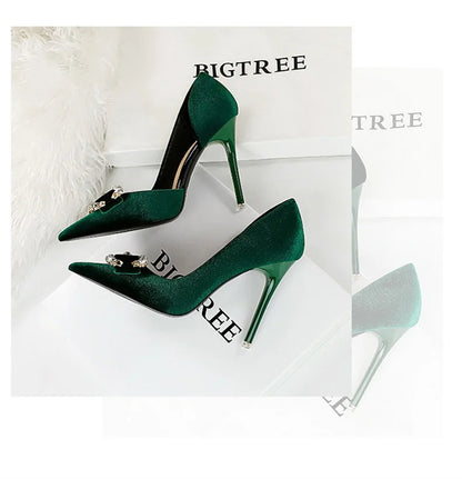 Fashion Women High Heel Rhinestone Buckle Bow Green Pink Pointed Toe Party Pumps Velvet Luxury Elegant Wedding Evening Shoes