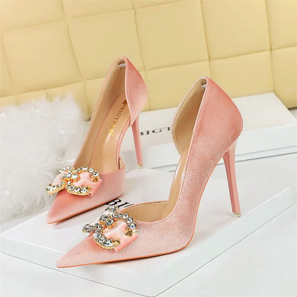 Fashion Women High Heel Rhinestone Buckle Bow Green Pink Pointed Toe Party Pumps Velvet Luxury Elegant Wedding Evening Shoes