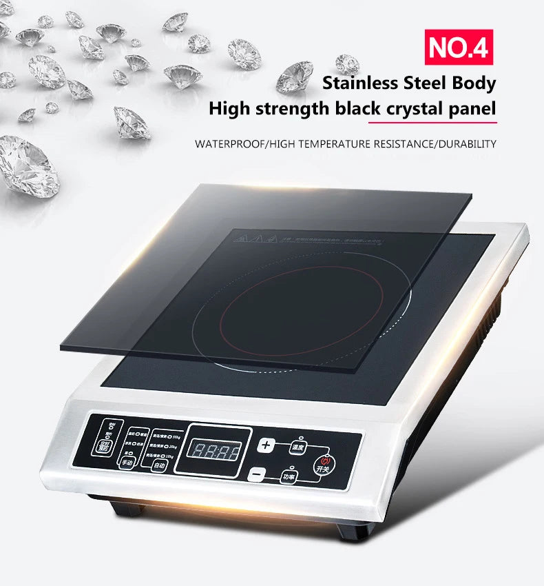 3500W Stainless Steel Induction Cooker Firepower Adjustable Stir-Fry Stew Furnace Commercial Canteen Cooktop 50KG Load-bearing