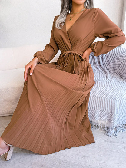 Women Elegant V Neck Long Sleeve Pleated Maxi Dress