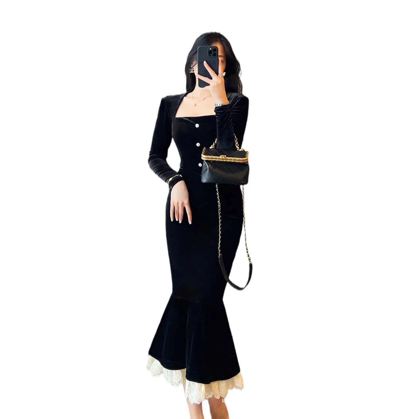 Elegant French Haban Style Fish Tail Skirt Spring Autumn Soft High Class Square Collar Long Sleeve Black Velvet Long Dress