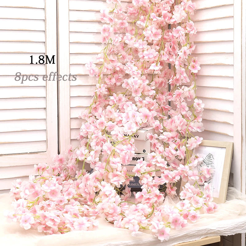 180CM Artificial Sakura Flowers Vine Wedding Garden Rose Arch Home Party Decoration Christmas Bridal Fake Silk Scrapbook Plants