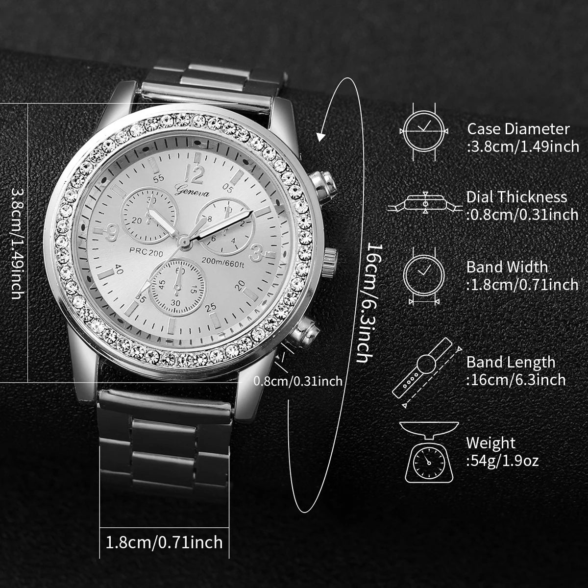 Women Fashion Silver Color Stainless Steel Quartz Watch & Silver Beads Jewelry Set