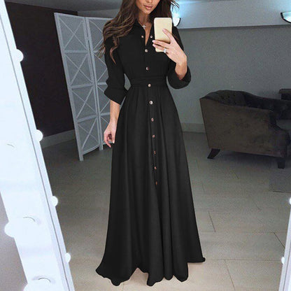 2024 Spring Long Sleeve Shirt Dresses Elegant Belted Maxi Dress for Women White Solid Casual Lapel Party Holiday Long Dress Robe