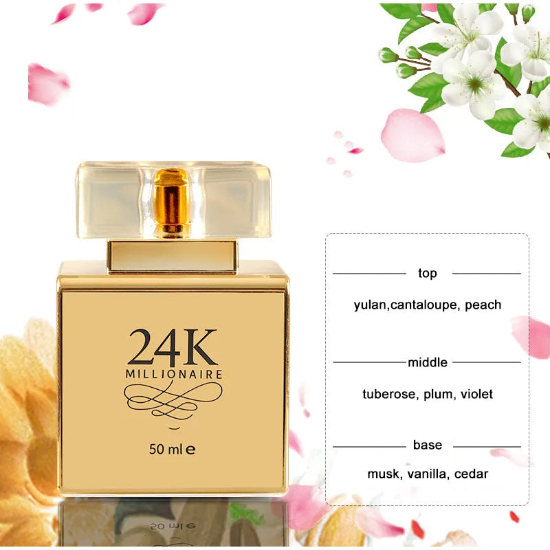 24k Gold Women Fashion Perfume 50ml Luxury Brand Long-lasting Flowery Fruity Fragrance 24k Millionaire Eau De Toilette Lady Mist