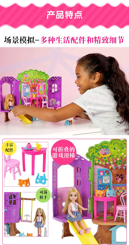 100% Original Mini Barbie Chelsea Doll Tree House with Accessories Kids Dolls Girls Barbies Children Toys Doll House for Girls