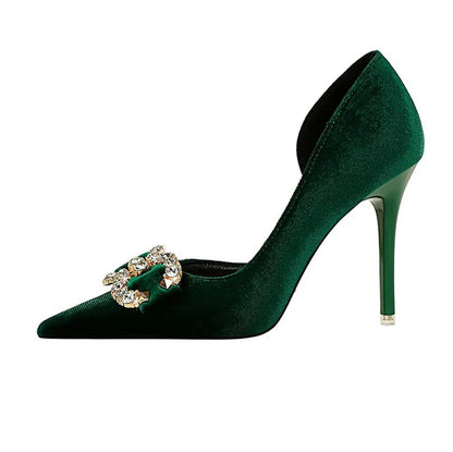 Fashion Women High Heel Rhinestone Buckle Bow Green Pink Pointed Toe Party Pumps Velvet Luxury Elegant Wedding Evening Shoes