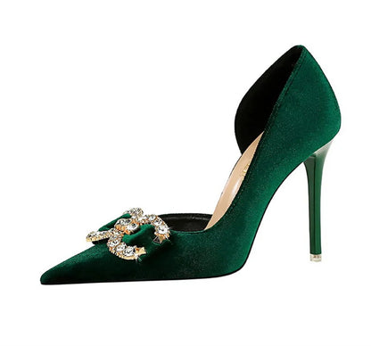 Fashion Women High Heel Rhinestone Buckle Bow Green Pink Pointed Toe Party Pumps Velvet Luxury Elegant Wedding Evening Shoes