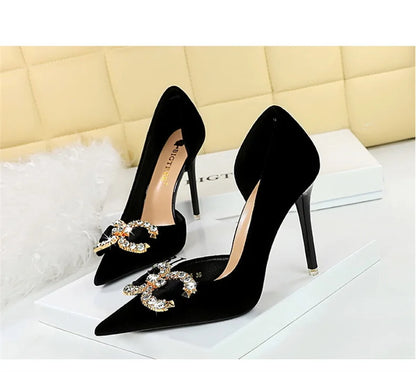 Fashion Women High Heel Rhinestone Buckle Bow Green Pink Pointed Toe Party Pumps Velvet Luxury Elegant Wedding Evening Shoes