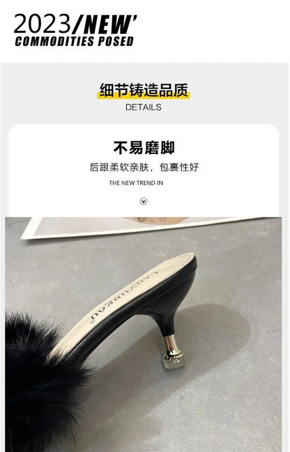 2023 Summer Women Pump Feather Heels Fashion Simple Wind Mule Slippers Women's Slide Stiletto Heels Shoes for Women  Heels