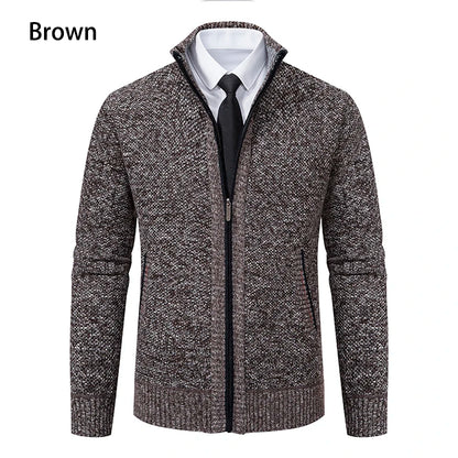 Autumn And Winter New Jersey Men's Casual Sports Coat Solid Color Stand Collar Wweater Grab Fleece Warm Zipper Cardigan