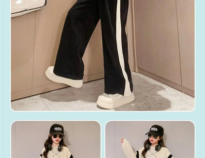 Girls Casual Sports Suit Clothes Spring and Autumn Junior  Children Korean Fashion Splicing Tops Long Pants 2 Piece Sets 3-15Y