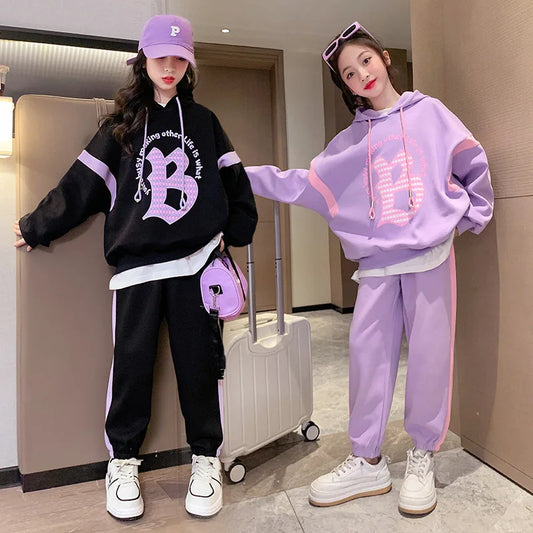 Girls Suit Long-sleeved Sweater with Hood + Trousers Two-piece Suit Fashionable Loose Harem Pants Suit Outer Wear Casual Simple