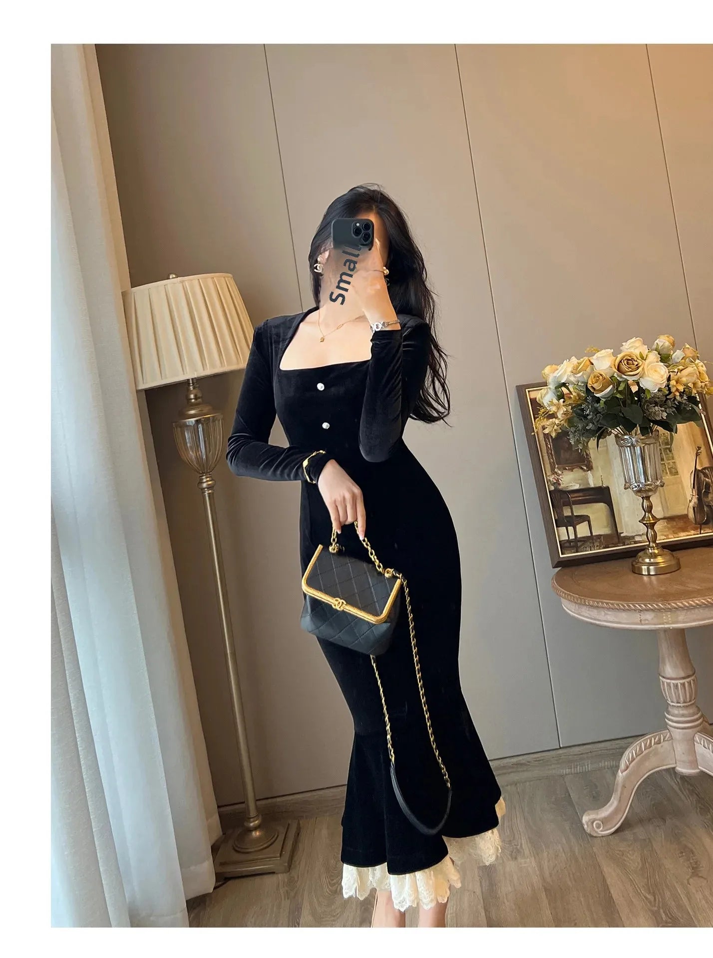 Elegant French Haban Style Fish Tail Skirt Spring Autumn Soft High Class Square Collar Long Sleeve Black Velvet Long Dress