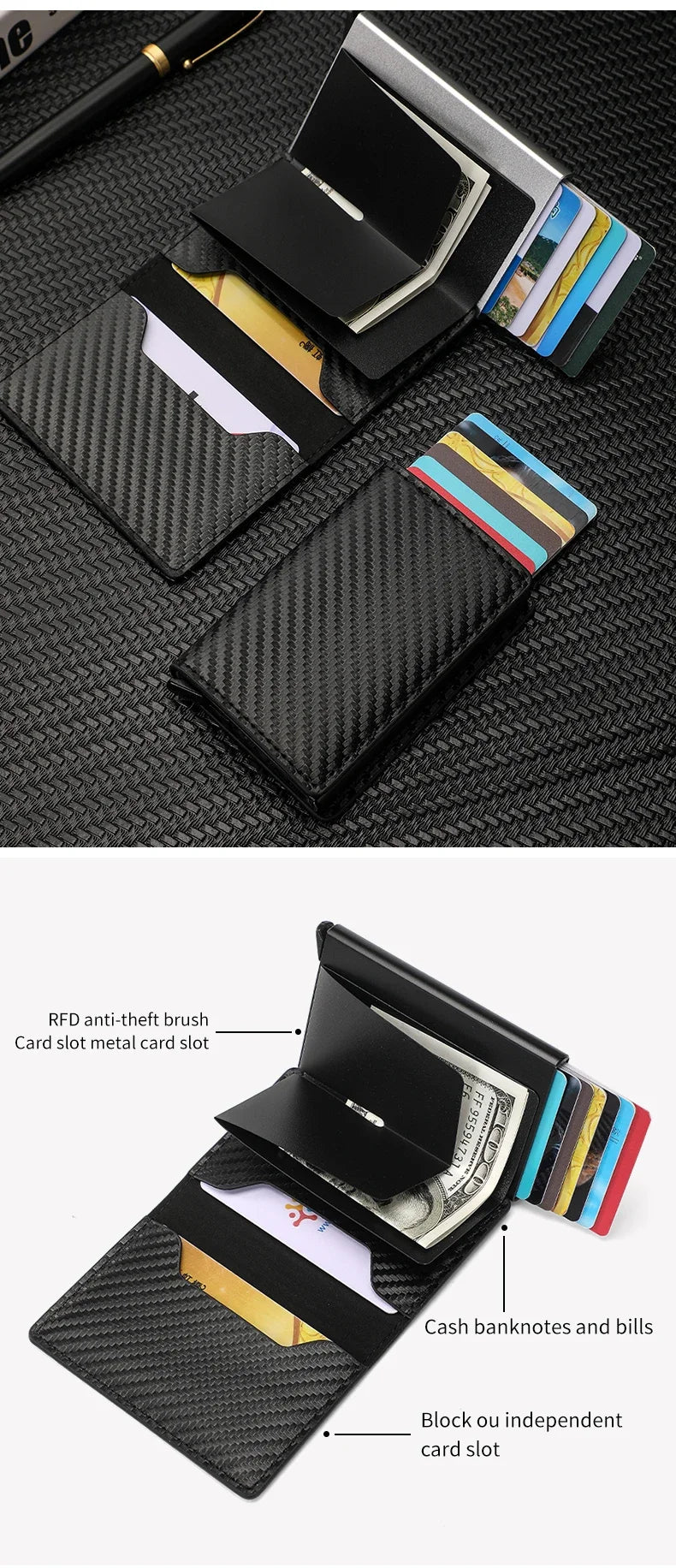 Carbon Fiber Credit Card Holder Wallet Men Rfid Smart Meral Thin Slim Pop Up Minimalist Wallet Small Black Purse Metal Wallet