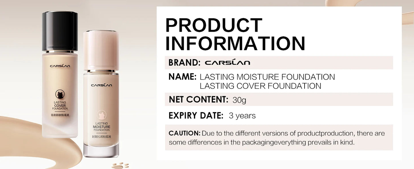 CARSLAN Long-lasting Moisture Matte Liquid Face Foundation Full Coverage Concealer Whitening Oil Control Face Base Makeup