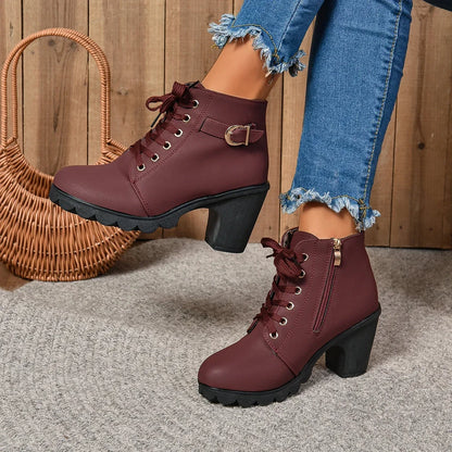 2024 Women Shoes Women Fashion High Heel Lace Up Ankle Boots Ladies Buckle Platform Artificial Leather Shoes Bota Feminina