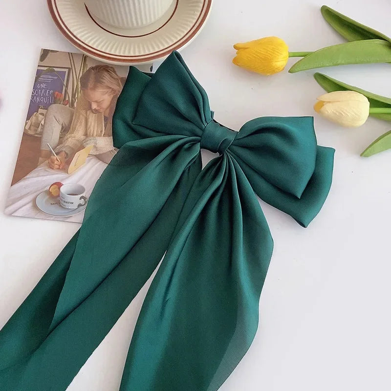 Elegant Solid Large Bow Ribbon Hair Clip For Women Girl Sweet Headbands Soft Satin Hairpin Hairgrip Fashion Hair Accessories