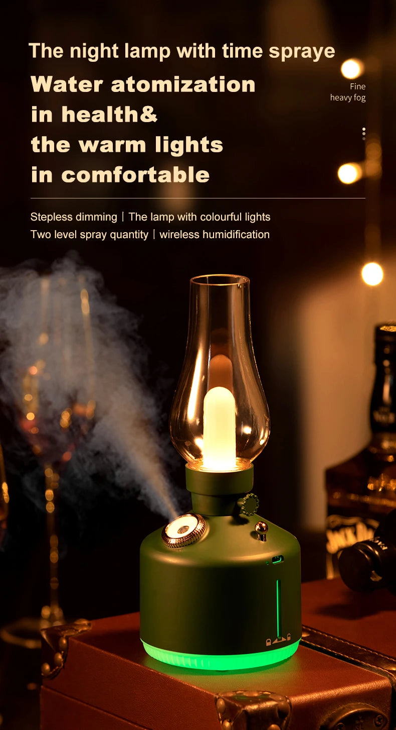 New Candlelight Retro Lamp Air Humidifier Wireless Aroma Diffuser Rechargeable Essential Oil 7 Color Lights Cool Mist for Home