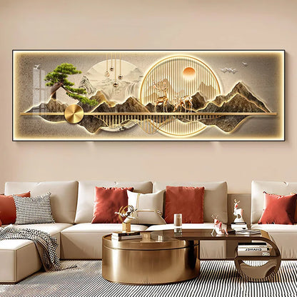 New Chinese Fengshui Mountain Canvas Painting Luxury Deer Landscape Posters Wall Pictures for Living Room Bedroom Decor Unframed