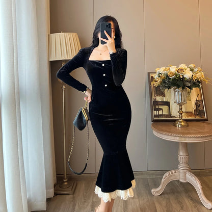 Elegant French Haban Style Fish Tail Skirt Spring Autumn Soft High Class Square Collar Long Sleeve Black Velvet Long Dress