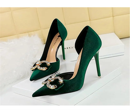 Fashion Women High Heel Rhinestone Buckle Bow Green Pink Pointed Toe Party Pumps Velvet Luxury Elegant Wedding Evening Shoes