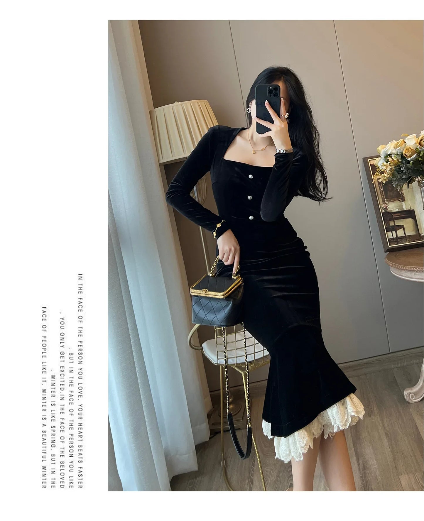 Elegant French Haban Style Fish Tail Skirt Spring Autumn Soft High Class Square Collar Long Sleeve Black Velvet Long Dress