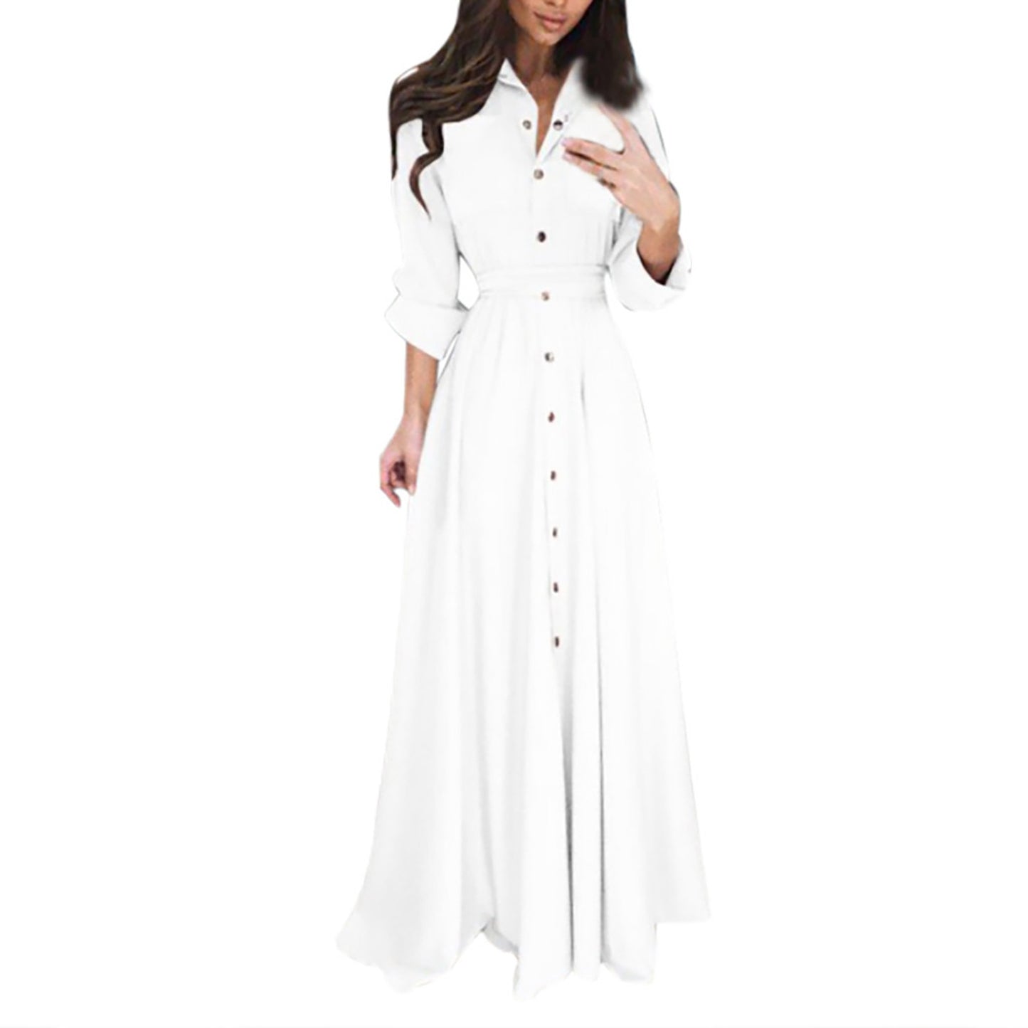 2024 Spring Long Sleeve Shirt Dresses Elegant Belted Maxi Dress for Women White Solid Casual Lapel Party Holiday Long Dress Robe