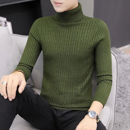 2023 Korean Slim Solid Color Turtleneck Sweater Mens Winter Long Sleeve Warm Knit Sweater Classic Solid Casual Bottoming Shirt