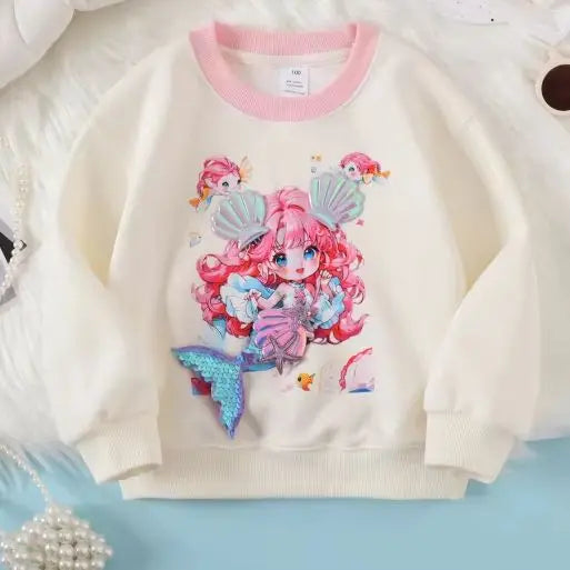 2024Girls' New Spring, Autumn and Winter Mermaid Little Girl Three-Dimensional Pattern Pullover Comfortable Bottoming Shirt