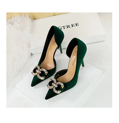 Fashion Women High Heel Rhinestone Buckle Bow Green Pink Pointed Toe Party Pumps Velvet Luxury Elegant Wedding Evening Shoes